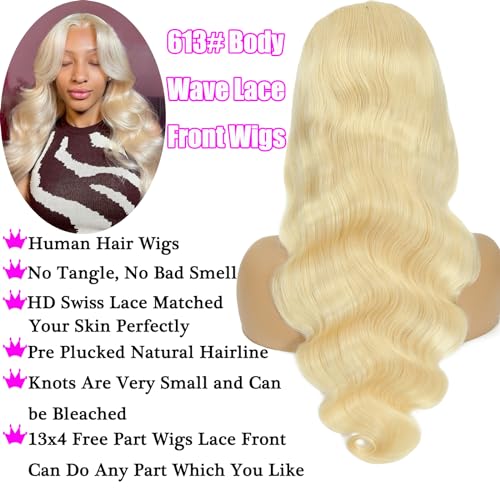 613 Lace Front Wig Human Hair 13x4 Light Blonde Color Lace Front Body Wave Wigs 613 HD Lace Frontal Wigs Human Hair Pre Plucked for Women (613 Color 13x4 Lace Front Wigs, 20 Inch)