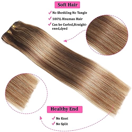 Balayage Chocolate Brown to Caramel Blonde Clip in Hair Extensions Real Human Hair Clip ins Remy Invisible Natural Straight Seamless Clip on Hair Extensions 8pcs Double Weft 22 Inch 90g