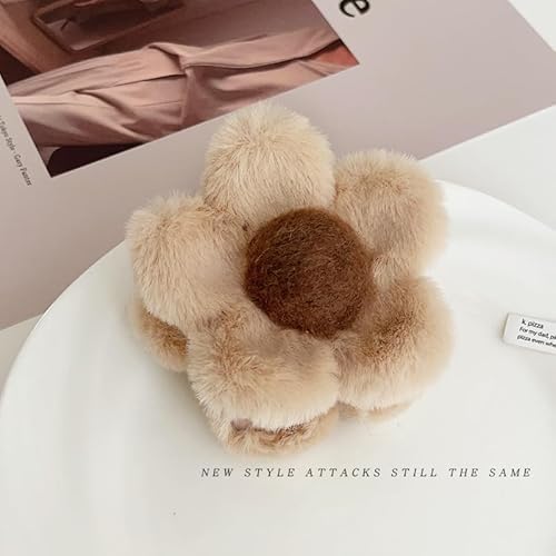 Flower Hair Clips for Women Girls Cute Kawaii Fluffy Claw Clip for Long Curly Thick Thin Hair Brown Medium Plastic Jaw Claw Clips Strong Hold Hair Catch Clamps Barrettes Headwear Hair Styling Clips