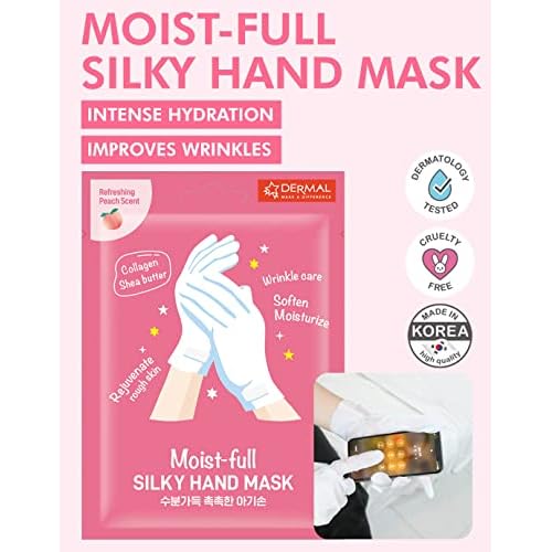 DERMAL Moistfull Silky Hand Mask Gloves 3 Pairs for Dry Hands - Intensive Repairing with Collagen and Shea Butter - Nourishing & Moisturizing Renew Hand Mask - Refreshing Peach Scent
