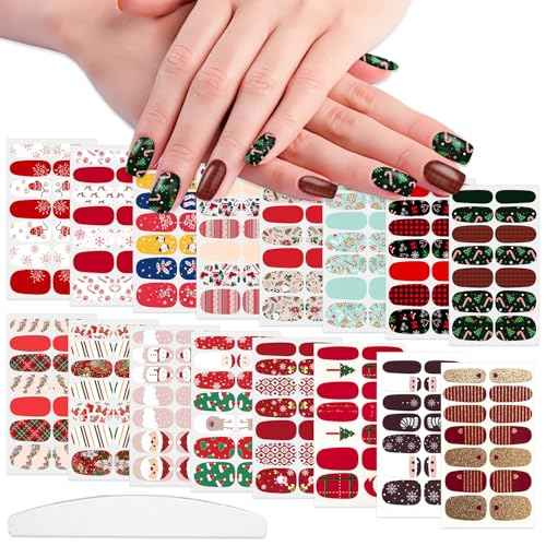 WOKOTO 16 Sheets Christmas Nail Polish Strips Full Wraps for Women Nail Strips- Santa Claus, Elk, Snow Man, Tree Stick On Nail Polish Strips Christmas Gel Nail Stickers Color Strips DIY Easy Nail Art