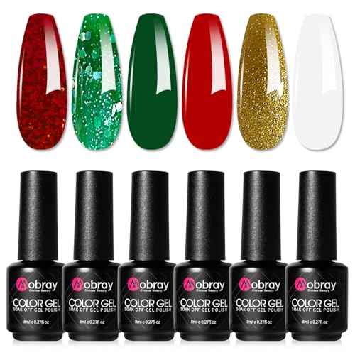 Mobray Gel Nail Polish Set -6 Colors Christmas Glitter Red Green White Gold Nail Gel Polish Kit New Year Decorations Soak Off DIY Nail Art Manicure LED Christmas Gift for Women