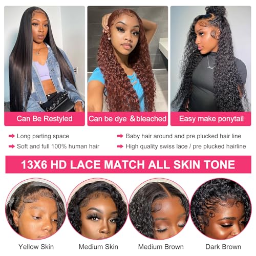 Deep Wave Lace Front Wigs Human Hair 13x6 HD Transparent Deep Curly Lace Frontal Wigs Human Hair 180% Density Glueless Wigs Natural Color 22 Inch