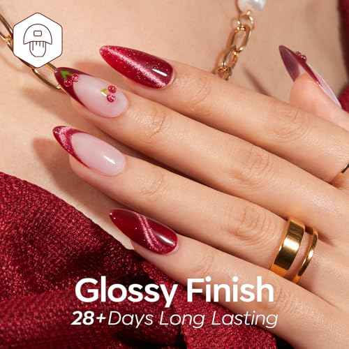 modelones Christmas Red Gel Nail Polish Set 6 Colors Dark Cherry Red Cat Eye Glitter Color Changing Hema-Free Burgundy Gel Polish with Magnet Soak Off U v Nail Art Manicure Home DIY Gifts for Women