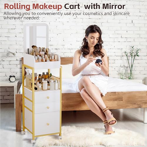 Makeup Cart Organizer with Mirror, Large Floor Skincare Organizers Make Up Organizers-Vanity Storage Organizer Cosmetic Display Cases Holder for Skin Care Perfume Nail Polish Brush Hair Tool (Gold)