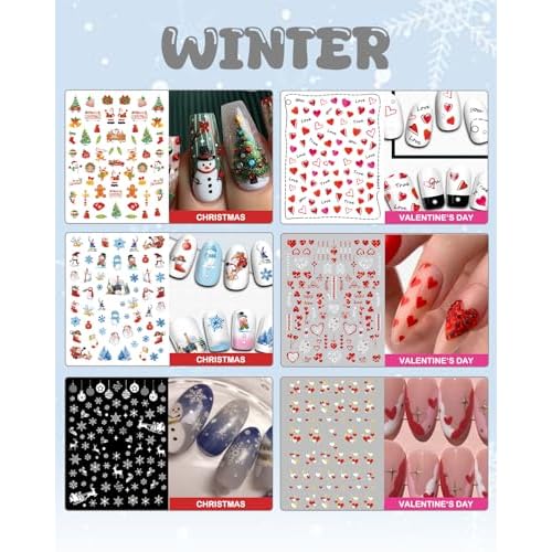 24 Sheets Seasonal Nail Art Stickers, Four Season Variety Pack All Holiday Nail Decals, Self-Adhesive Varied Design for Flowers Butterflies Halloween Christmas Spring Summer Fall Decoration