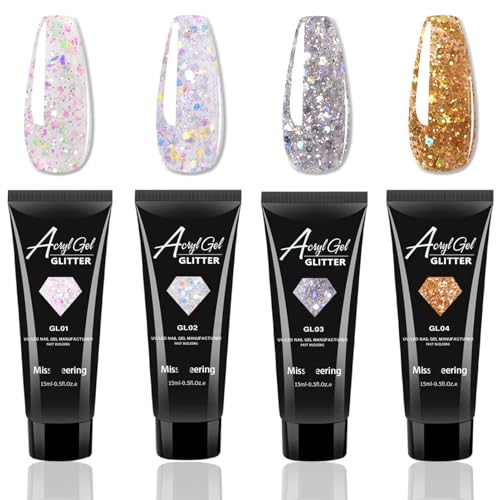 4 Pcs Glitter Nail Extension Gel Kit, Reflective Nail Polish Gel Acrylic Nail, Silver, Gold and Clear Colorful Glitter Gel Nail Extensions, Sparkle Gel Nail Extensions Kit UV/LED Needed for Home Salon