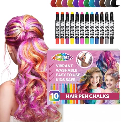 Hair Chalk for Girls and Boys, 10 Pcs Chalk Pens, Washable, Safe Temporary Hair Color for Kids, Teens and Adults, Great Birthday Gift, Great Toy for Kids Age 5 6 7 8 9 10 11 12 13 Years Old