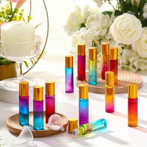 96 Pcs Essential Oil Roller Bottles 10ml Empty Glass Roller Bottles with Stainless Steel Balls Protection Leakproof with 5 Funnel for Travel Perfume Lip Gloss(Gradient Color)