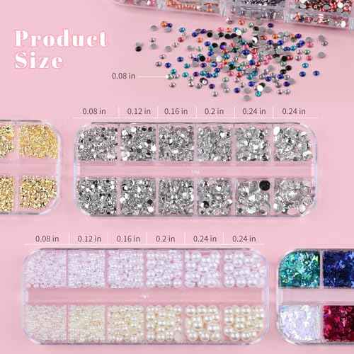 10 Boxes Nail Art Kit - 12 Colors Pointed/Flatback Rhinestones, 3D Gold/Silver/Rose Nail Studs, White Beige Half Pearls, Holographic Glitter & Foils + 3 Tools for DIY Nail Art Jewels & Crafts