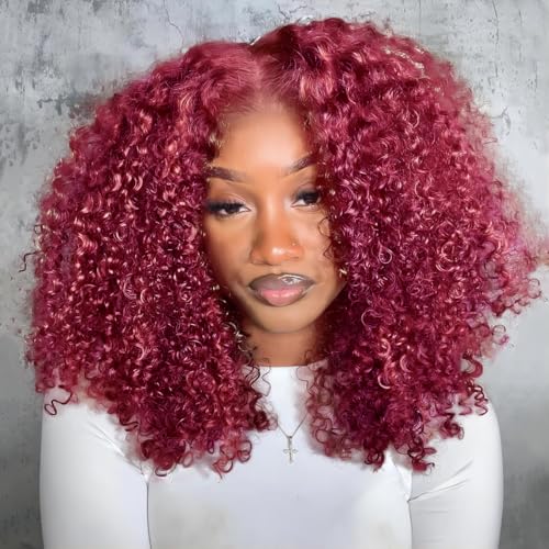 Burgundy Wig Human Hair 13x4 Deep Wave Lace Front Wigs Human Hair Pre Plucked 250% Density 99j Burgundy Lace Frontal Wigs Wet and Wavy Curly Wig for Women (18 Inch)