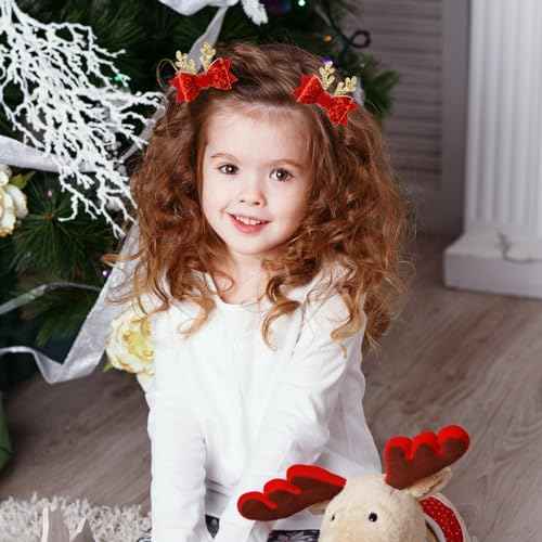 2 Pairs Christmas Hair Clip - Christmas Reindeer Antlers Headdress, Cute Bow Ties Antlers Ears Hair Pins, Christmas Party Hair Accessories for Girls Women (Gold & Red)