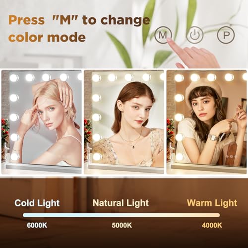Hollywood Vanity Mirror with Lights, 15 Bulbs 23 x 18 Inch Makeup Mirror with USB Charging and 10x Magnification, Touchscreen 3 Lighting Modes