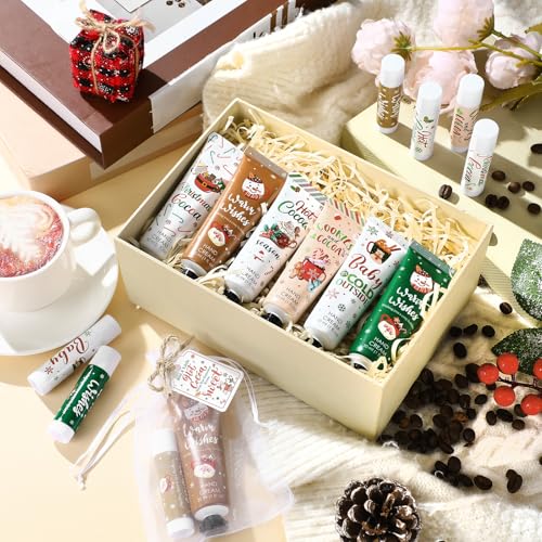Demissle 48 Pcs Christmas Hot Cocoa Supplies Xmas Party Stuffers Christmas Stocking Favors Xmas Red Green Hand Cream and Lip Balm Gifts Set for Baby Shower Guests
