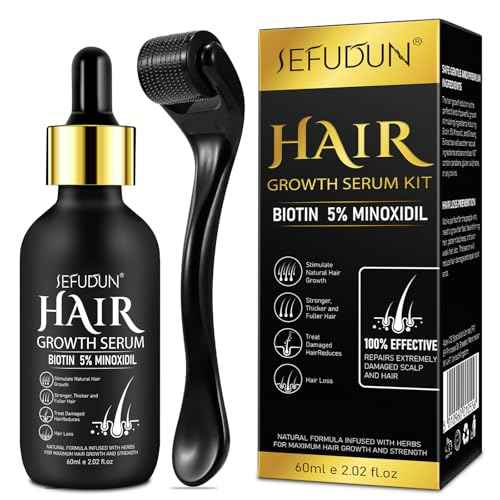 5% Minoxidil for Men and Women with Derma Roller, Hair Growth Serum & Beard Growth Kit, Minoxidil Biotin Hair Regrowth Treatment for Thicker, Fuller Hair - Stop Scalp Hair Loss & Thinning - 2.02 oz