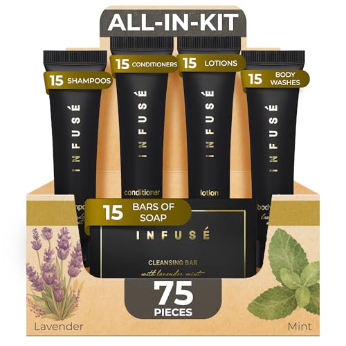 Infuse Black Soaps & Toiletries Bulk Set | 1-Shoppe Amenities Kit for Hotels & Vacation Rentals | 1 oz Shampoo, Conditioner, Body Wash, Lotion, 1.25 oz Cleansing Bar | 75 Pieces