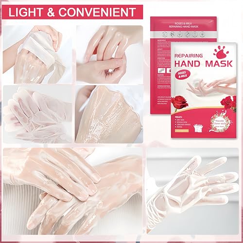 Roses & Milk Hand Repair Gloves, 5 Pairs Hydrating Hand Masks for Dry Cracked Hands, Moisturizing & Softening Gloves for Women & Men, Nourishing Hand Spa Treatment