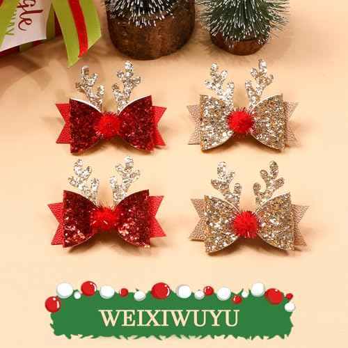 3Pcs Children's Christmas Antler Glitter Hair Clips,Hairball Elk Bow Hair Barrettes Hair Clip Glitter Christmas Elk Hair Red Golden Hair Clips Party Costume Accessories for Girls