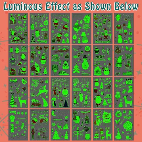 Partywind 235 Styles Glow Christmas Tattoos for Kids Stocking Stuffers, Luminous Christmas Party Decorations Supplies Favors, Holiday Party Games Toys, Santa Snowflake Decor (24 Sheets)