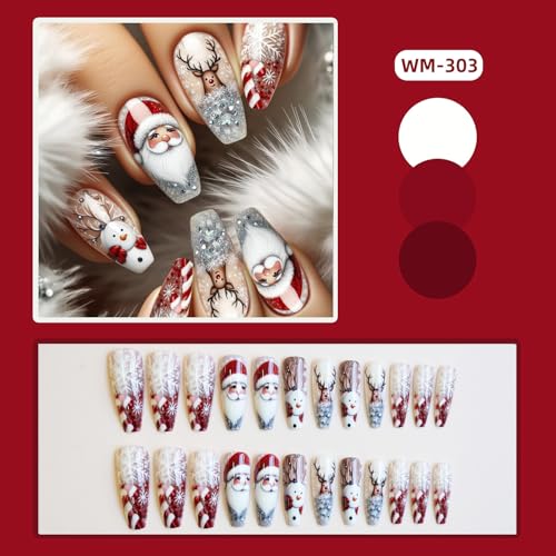 Long Coffin Christmas Press on Nail Long Xmas Fake Nails with Snowflake Santa Claus Deer Candy Cane designs Acrylic False Nails Glossy Red White Press ones for Women Girls Holiday Glue on Nails 24pcs