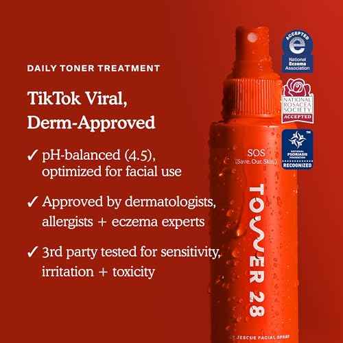 Tower 28 SOS Daily Rescue Facial Spray for Sensitive Skin, Hypochlorous Acid Spray Helps Reduce Redness and Breakouts, Full Size Toner for Face, 4 FL Oz