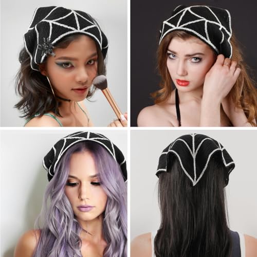 Gothic Cotton Headbands for Women, Spooky Crochet Bandana Knitted Headband with Gothic Hair Accessories Halloween, Wicked Hair Spider Rhinestone Barrettes Triangle Scarf Alternative Accessories