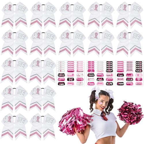 16 Pcs 8" Large Cheer Hair Bow and 15 Sheets Breast Cancer Awareness Temporary Tattoos Ribbon Stickers for Fundraising Party Teen Girls College Cheerleading Decoration(White Ribbon)
