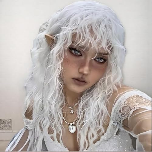 White Curly Wigs with Bangs for Women Long Soft Curly Wavy Wigs Natural Synthetic Hair Party Halloween Costume Cosplay Wigs