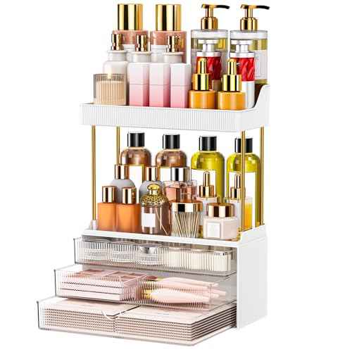 5 Tiers Bathroom Counter Organizer - 3 Drawers Makeup Organizer, Cosmetic Storage Drawer for Dresser Countertop and Bathroom Vanity for Large Skincare, Perfume, Clear