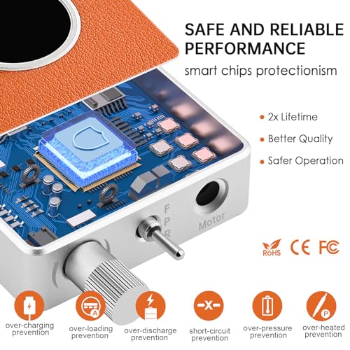 Kredioo Nail Drill Professional Super Quiet with Coreless Motor 35000RPM Electric File 6+1 Tungsten Bits Kit Portable Strong Drill para u?as Profesional Remove Acrylic Nails Dip Powder-Orange