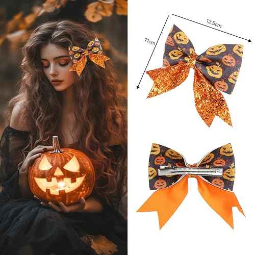 Glitter Halloween Pumpkin Hair Bow Clips for Women Girls, Sparkly Orange Fall Cheer Alligator Hairpins Big for Kids Thanksgiving Party Costume Decor Accessory Gift (A)