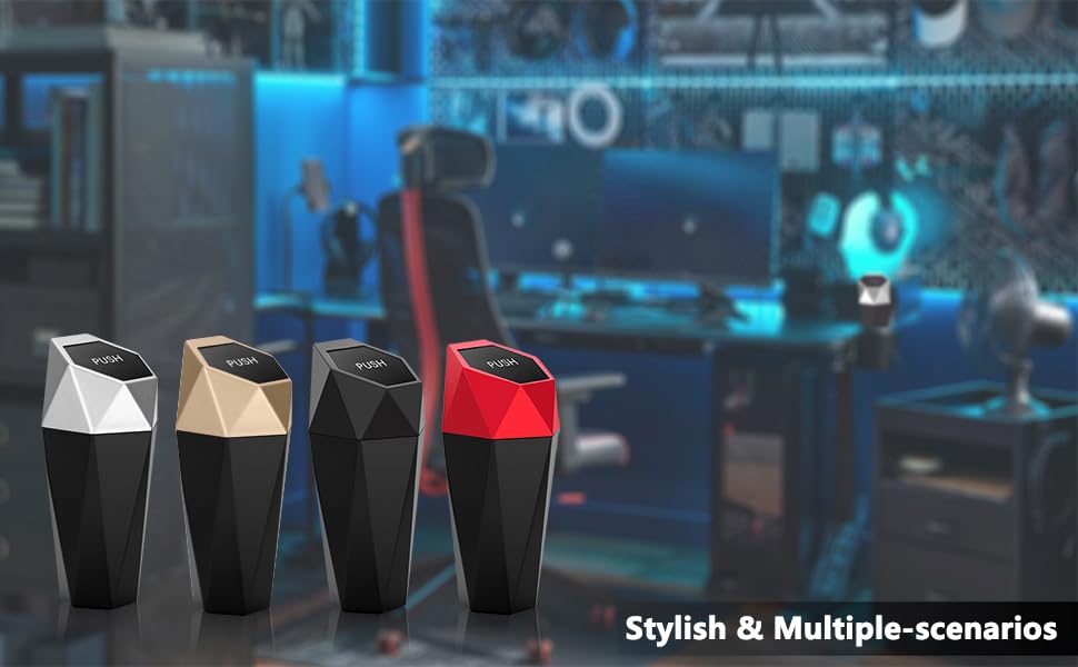 Ginsco Car Trash Can Cup Holder, 2 Pack Mini Car Trash Can with Lid, Car Accessories for Interior, Leakproof Small Trash Cup for Car, Home with Additional 2 ABS Hooks and 90pcs Trash Bags Black Golden