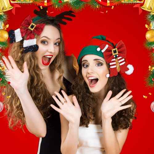 4 Pack Christmas Hair Clips Glitter Sequins Red Bow Hair Clips Glitter Bow Party Cute Decoration Deer Antler Elf Headdress Christmas Decor for Women Gifts