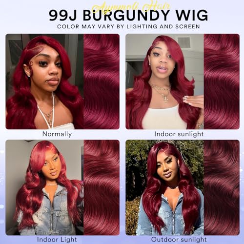 24 Inch 99j Burgundy Lace Front Wigs Human Hair 13x4 HD Red Burgundy Body Wave Wig Human Hair 200 Density Body Wave Lace Front Wigs Pre Plucked Glueless Frontal Wigs for Women