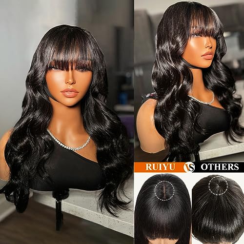 Ruiyu Body Wave 2x4 Lace Front Wigs Human Hair Wigs with Bangs for Black Women Wear and Go Glueless Wig with Bangs 180% Density Closure 100% Brazilian Virgin Human Hair 16 Inch