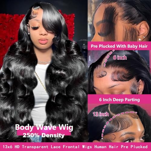 sterly 13x6 Lace Front Wigs Human Hair For Women 250% Density #1 Jet Black Color Full Lace Frontal Wigs Affordable HD Transparent Lace Wigs (16 Inch)