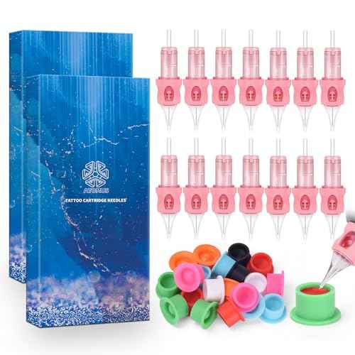 ATOMUS 20pcs Tattoo Cartridge Needles with 20pcs Ink Cups Size #10 RL RS RM M1 Round Liner Tattoo Needles Silicone Wrapped Needles (1RL)