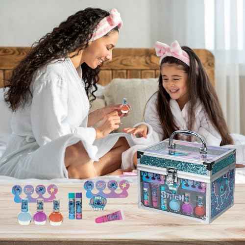 Stitch Train Case Beauty Set, Kids Makeup Kit for Girls, Real Washable Makeup Set, Play Makeup, Party Favor, Birthday, Ages 3 4 5 6 7 8 9 10 11 12 by Townley Girl