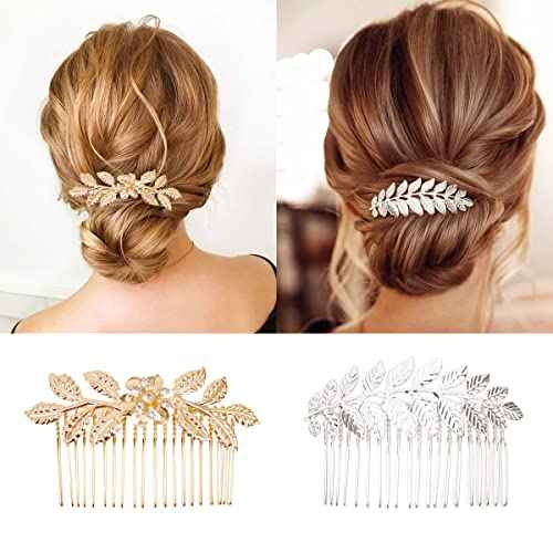 6 PCS Leaf Hair Side Combs Gold Rhinestone Hair Comb Clips with Teeth Wedding Headpiece Hair Accessories for Women, Girls, Bride, Bridesmaid(Gold and Silver)