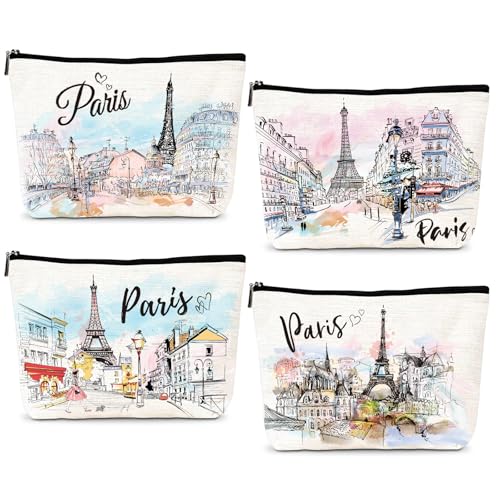 Paris Gifts Travel Essentials - 4Pcs Eiffel Tower Makeup Bag, France Paris City Watercolor Cosmetic Bags with Zipper Pouch, Weekend Vacation Trip Gifts for Travellers Women Girls