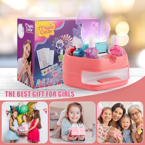 Fostro Unicorn Water-Based Nail Art Kit for Girls 6-12 | Complete Salon Set with Mini Dryer, Press-On Nails & Stickers | Non-Toxic Toy Gift Set (Set)