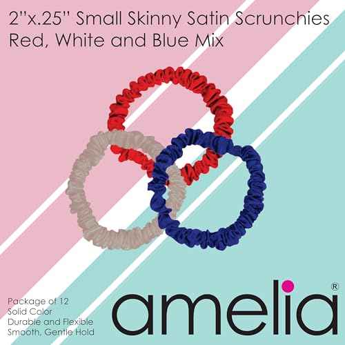 Amelia Beauty, Red, White and Blue Mix, Skinny Satin Scrunchies, 12 Pack ? 2in Diameter, Gentle & Strong Hold, No-Snag, No-Dent, Crease-Free Hair Ties