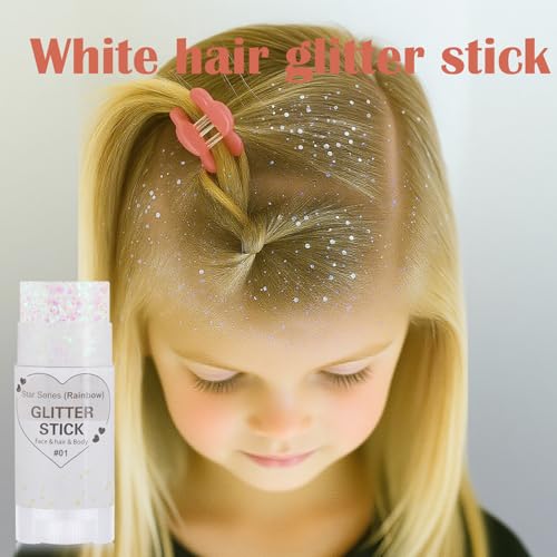 Rainbow White Hair Glitter Stick,Mermaid Fairy Costume Body Face Glitter, Singer Concert Halloween Star Glitter Makeup for Kids and Women,Waterproof Sequins Rave Accessories White Face Paint
