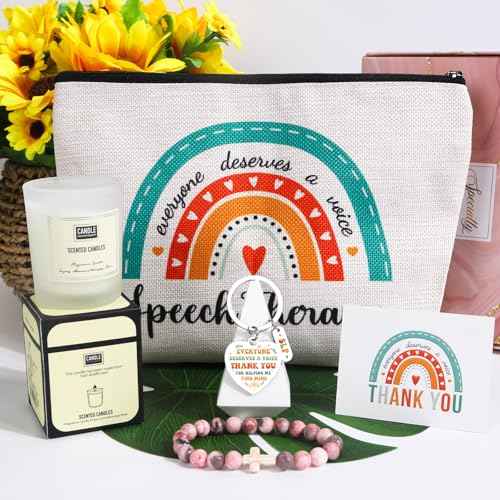 Keluna Speech Therapy Appreciation Gifts - 5Pcs SLP Gifts Set for Women, Speech Pathologist Therapist Thank You Birthday Christmas Gift with Lavender Scented Candles, Makeup Bag, Bracelets, Keychain