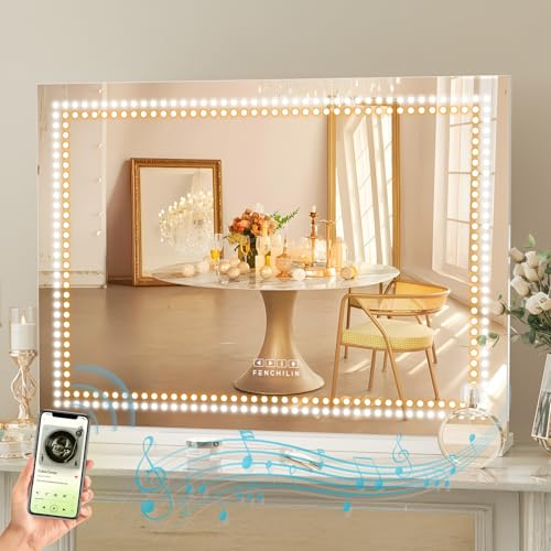 FENCHILIN Vanity Mirror with Lights and Bluetooth Speaker 31.5"x 22.8" Makeup Mirror Lighted Hollywood Mirror with LED Light Beads USB Charge Port, 3 Color Lighting Modes