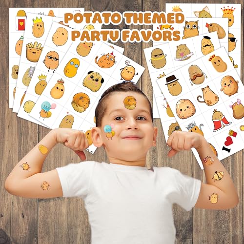 96PCS Potato Pre-cut Temporary Tattoos 8 Sheets Sweet Potato Party Decorations Supplies Favors Chip Potato Theme Birthday Cute Stickers Christmas Gifts for Boys Girls Class School Prizes Carnival