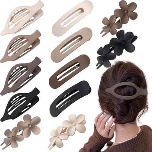 12 Pieces Flat Hair Clips, Flymind Flat Claw Clip for Women Girls, 3 Styles Matte Non-Slip Flower Claw Clips for Thin Thick Hair Wedding Party Accessories(Neutral)