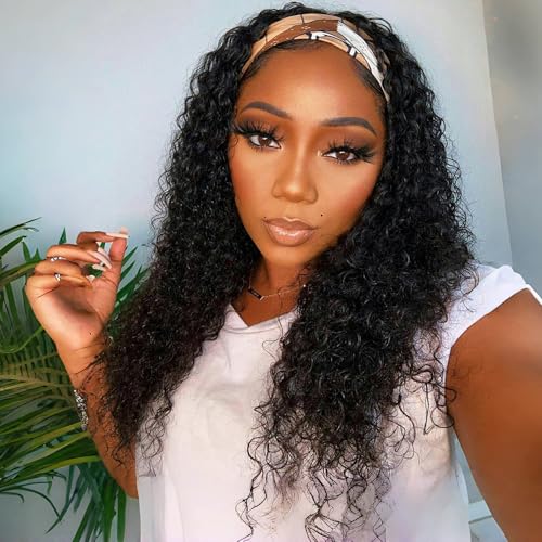 Headband Wig Human Hair Deep Wave 24 Inch Headband Wigs for Black Women Glueless Wear and Go Machine Made Curly Human Hair Headband Wigs