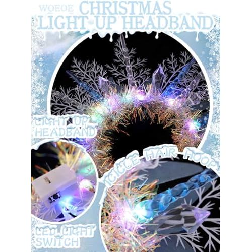 Woeoe Christmas Light up Headband LED Snowflake Hair Hoop Icicle Sparkly Glowing Xmas Headpiece Holiday Party Costume Hair Band for Women and Girls