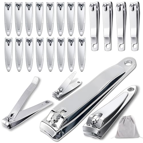 20-Pack Stainless Steel Fingernail Toenail Nail Clippers Bulk Set - 16 Small +4 Medium Size Nail Care Set Toe & Finger Nail Clipper for Men/Women Travel, Homeless Care Supplies